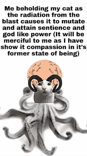 Me beholding my cat as the radiation from the blast causes it to mutate and attain sentience and god like power (It will be merciful to me as I have show it compassion in it's former state of being)